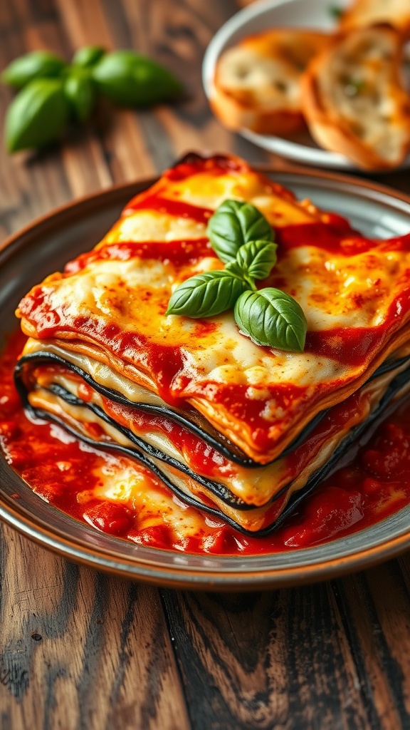 A delicious eggplant lasagna with layers of cheese and sauce, garnished with basil, on a wooden table with garlic bread.